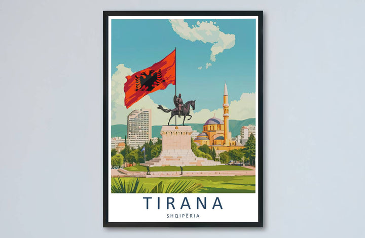 Sunlight highlights and crimson red flag pigments meet across the expansive cityscape of Tirana in this balanced vector poster artwork. MapYourDreams makes this available in unframed paper, custom wooden frames, and stretched canvas options.