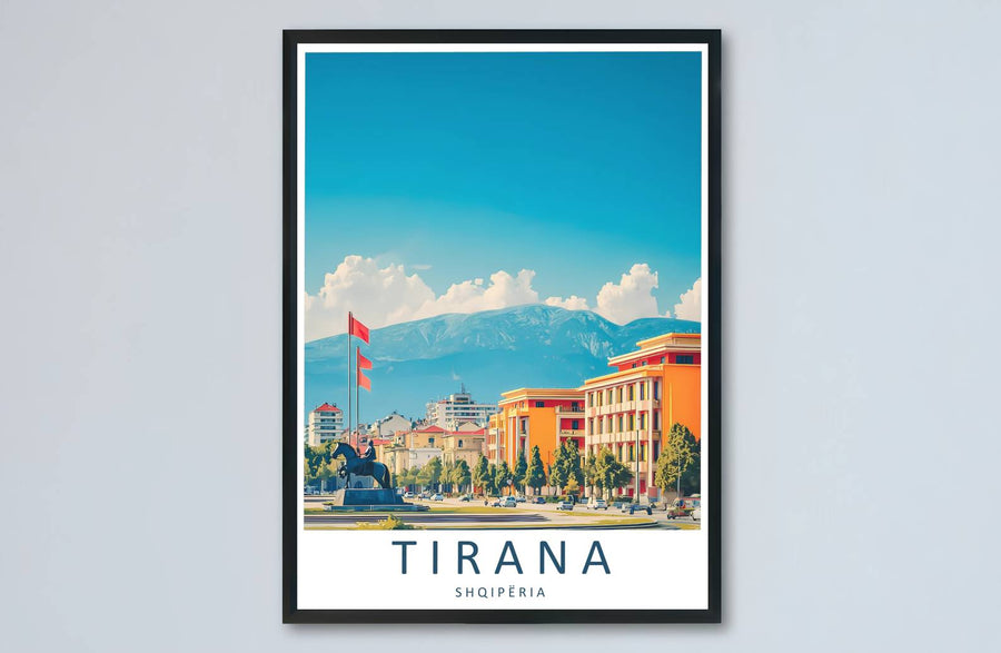 Sunlight highlights and warm amber pigments meet across the expansive cityscape of Tirana in this balanced vector poster artwork. MapYourDreams makes this available in unframed paper, custom wooden frames, and stretched canvas options.
