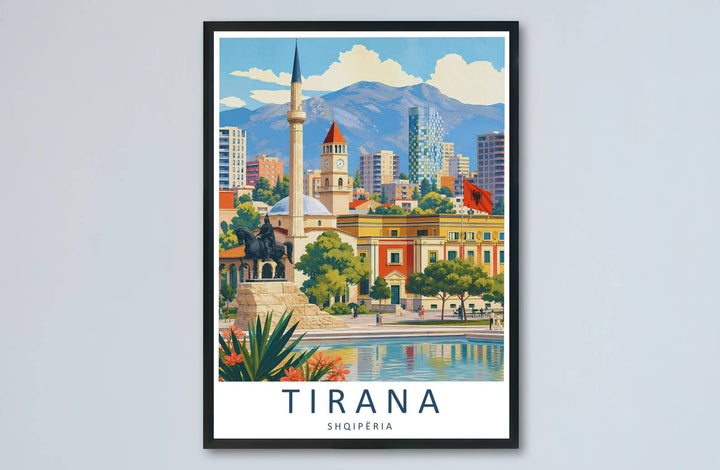 Sunlight highlights and warm terracotta pigments meet across the expansive cityscape of Tirana in this balanced vintage poster artwork. MapYourDreams makes this available in unframed paper, custom wooden frames, and stretched canvas options.