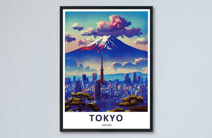 European and Asian city print illustrating Mount Fuji and Tokyo Tower in a unique graphic illustration style. Offered by MapYourDreams, this artwork is available in flexible options including unframed paper, custom wooden frames, and gallery canvas wraps.