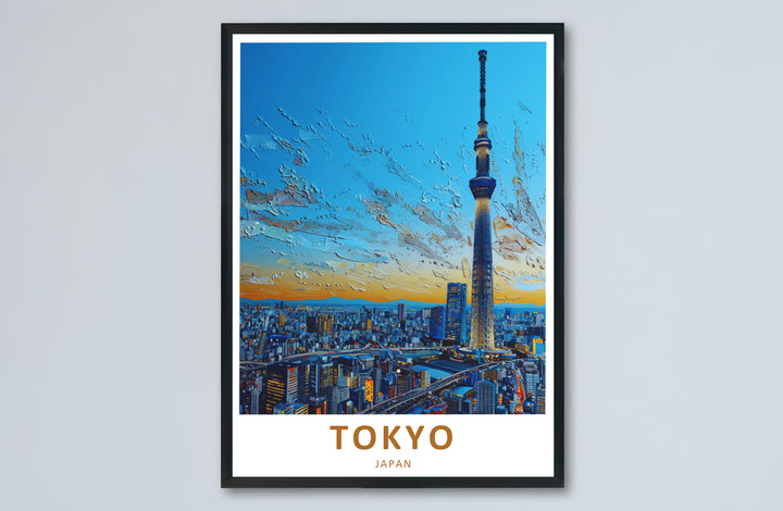 Detailed Japan skyline poster featuring Tokyo Skytree and surrounding high-rise architectural buildings. Offered by MapYourDreams, this artwork is available in flexible options including unframed paper, custom wooden frames, and gallery canvas wraps.