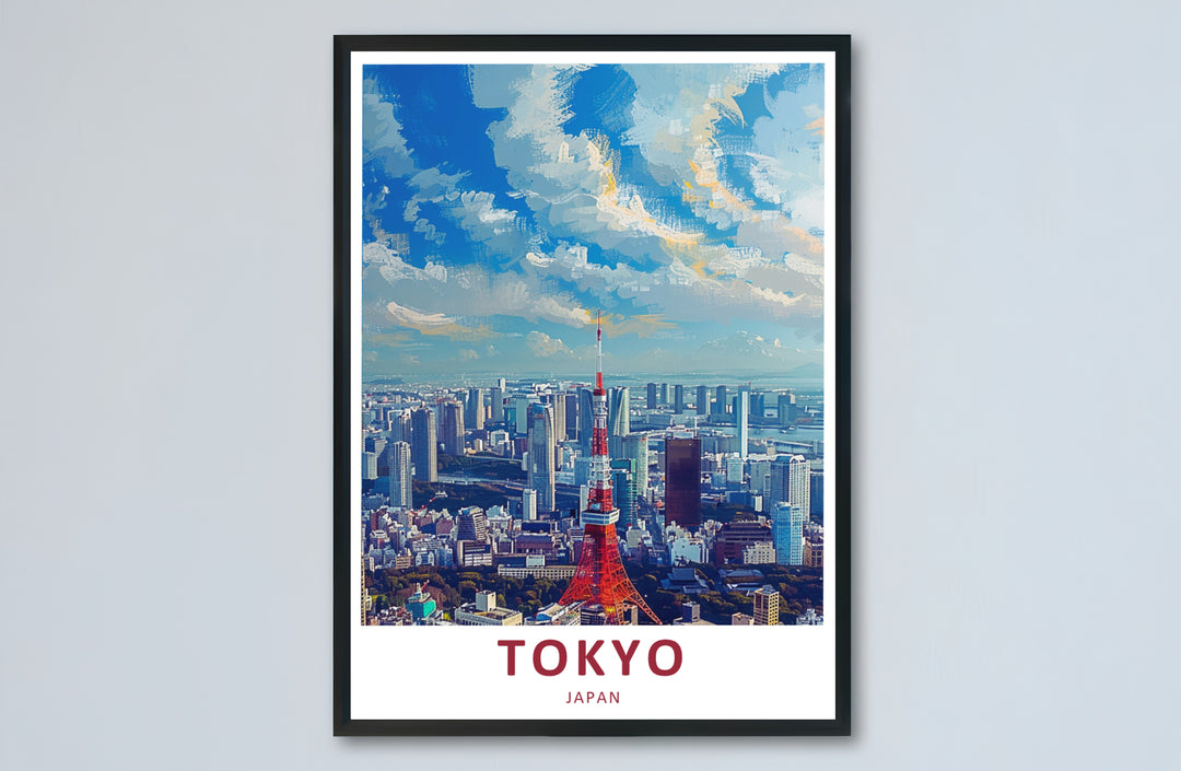 European and Asian city print illustrating Tokyo Tower in a unique painterly digital art style. Offered by MapYourDreams, this artwork is available in flexible options including unframed paper, custom wooden frames, and gallery canvas wraps.
