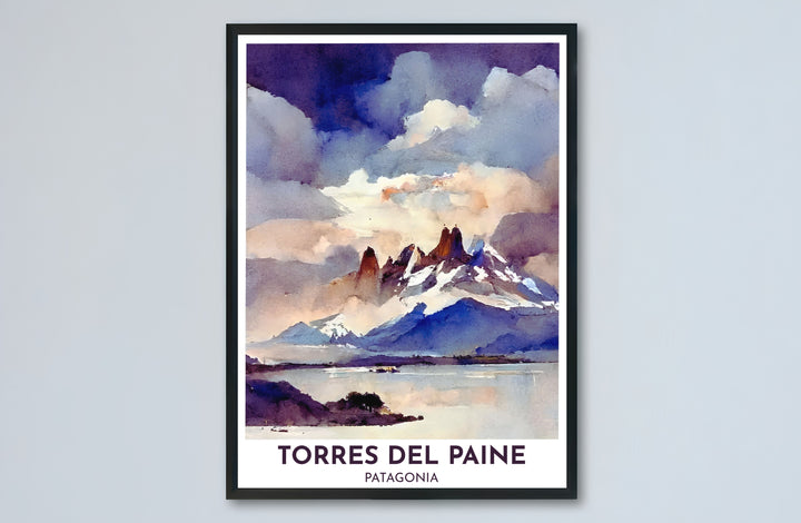 Featuring Lake Pehoé, snowy granite horns, and parting storm clouds, this Torres del Paine wall art forms a commanding focal point, available from MapYourDreams in versatile options ranging from unframed paper to custom wooden frames and canvas wraps.