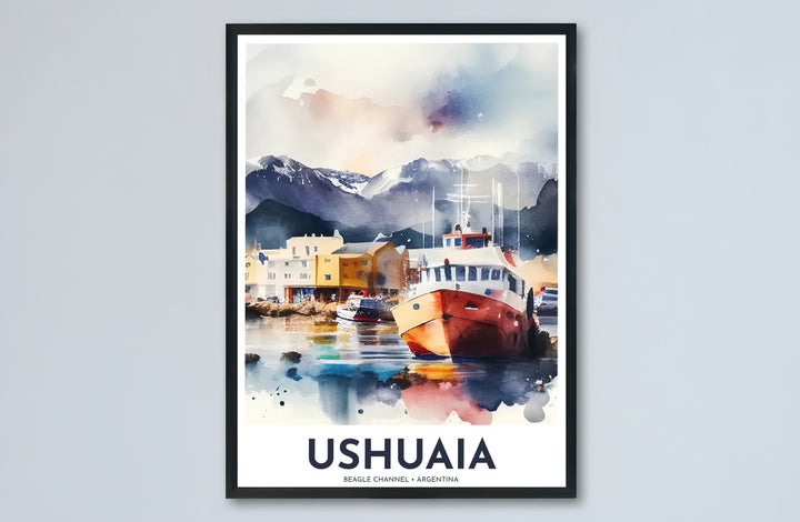 Featuring expedition ships, harbor docks, and the snow-capped Martial Mountains, this Ushuaia port wall art forms a commanding focal point, available from MapYourDreams in versatile options ranging from unframed paper to custom wooden frames and canvas wraps.