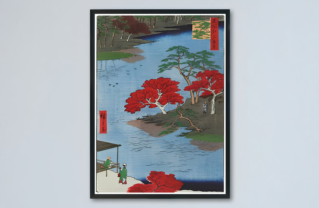 Japandi autumn Japanese canvas print showcasing Akiba Shrine Ukeji vintage artwork by artist Utagawa Hiroshige in Akiba Shrine Ukeji. Buy high-definition framed, unframed, and canvas poster prints directly from MapYourDreams.