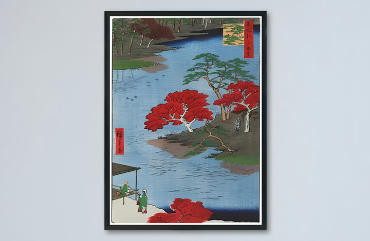 Japandi autumn Japanese canvas print showcasing Akiba Shrine Ukeji vintage artwork by artist Utagawa Hiroshige in Akiba Shrine Ukeji. Buy high-definition framed, unframed, and canvas poster prints directly from MapYourDreams.