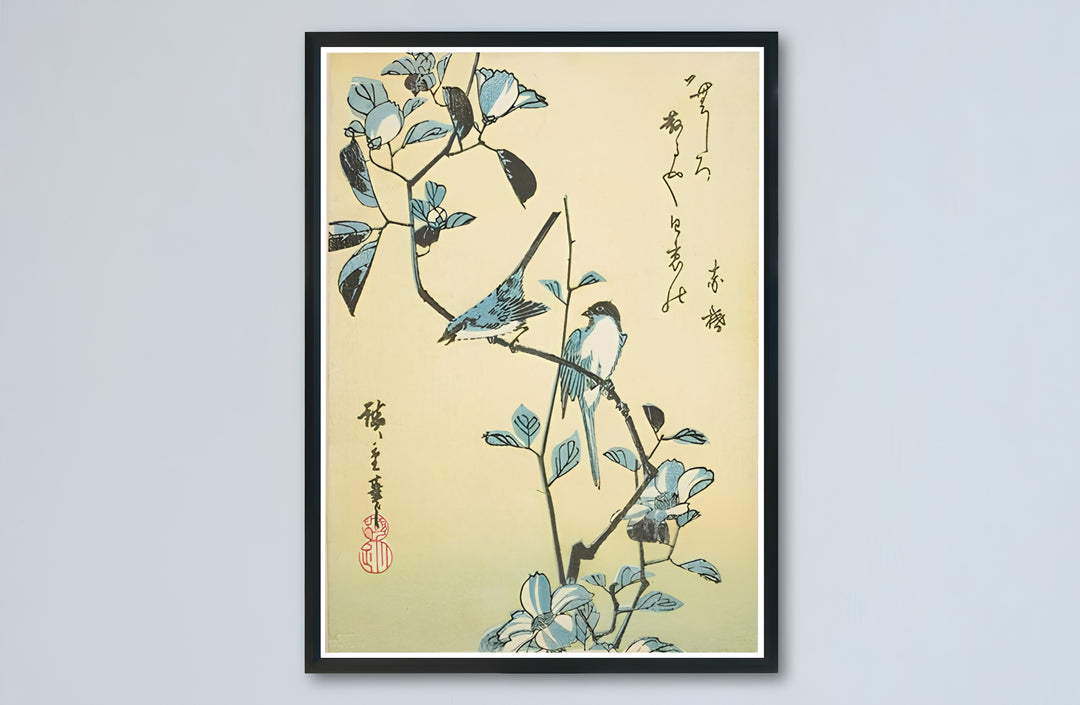 Japandi botanical Japanese canvas print showcasing Birds Flowering Branch vintage artwork by artist Utagawa Hiroshige in Edo Botanical Garden. Buy high-definition framed, unframed, and canvas poster prints directly from MapYourDreams.