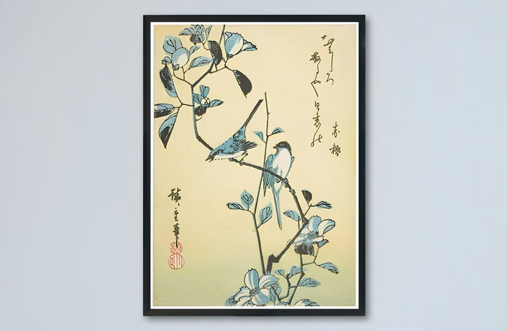 Japandi botanical Japanese canvas print showcasing Birds Flowering Branch vintage artwork by artist Utagawa Hiroshige in Edo Botanical Garden. Buy high-definition framed, unframed, and canvas poster prints directly from MapYourDreams.