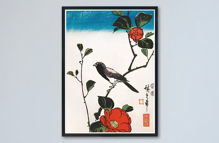 Japandi floral Japanese canvas print showcasing Java Sparrow Camellia vintage artwork by artist Utagawa Hiroshige in Kyoto Camellia Garden. Buy high-definition framed, unframed, and canvas poster prints directly from MapYourDreams.
