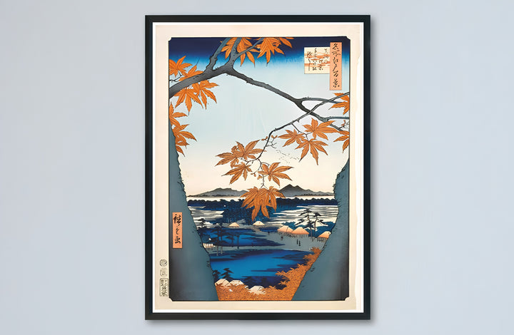 Japandi autumn Japanese canvas print showcasing Maple Trees at Mama vintage artwork by artist Utagawa Hiroshige at Maple Trees at Mama and Tekona Shrine. Buy high-definition framed, unframed, and canvas poster prints directly from MapYourDreams.