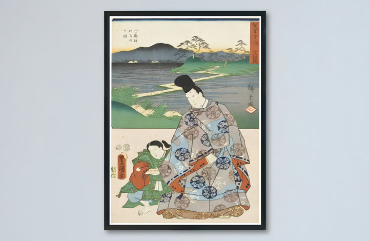 Japanese museum exhibition poster Chiryu Yatsuhashi by artist Utagawa Kunisada and Utagawa Hiroshige featuring an 1854 woodblock print at Chiryu Post Station and Yatsuhashi Bridge. MapYourDreams presents quality framed, unframed, and canvas print options for home decor.