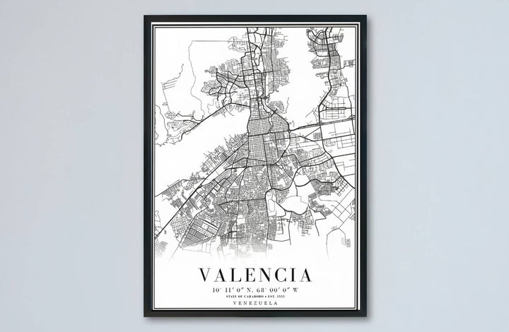 Architectural city road network print showing high-contrast black line work and official geographic coordinates in Venezuela. Designed by MapYourDreams to suit modern interiors, this piece comes in versatile choices like unframed paper, solid wood frames, and gallery canvas formats.