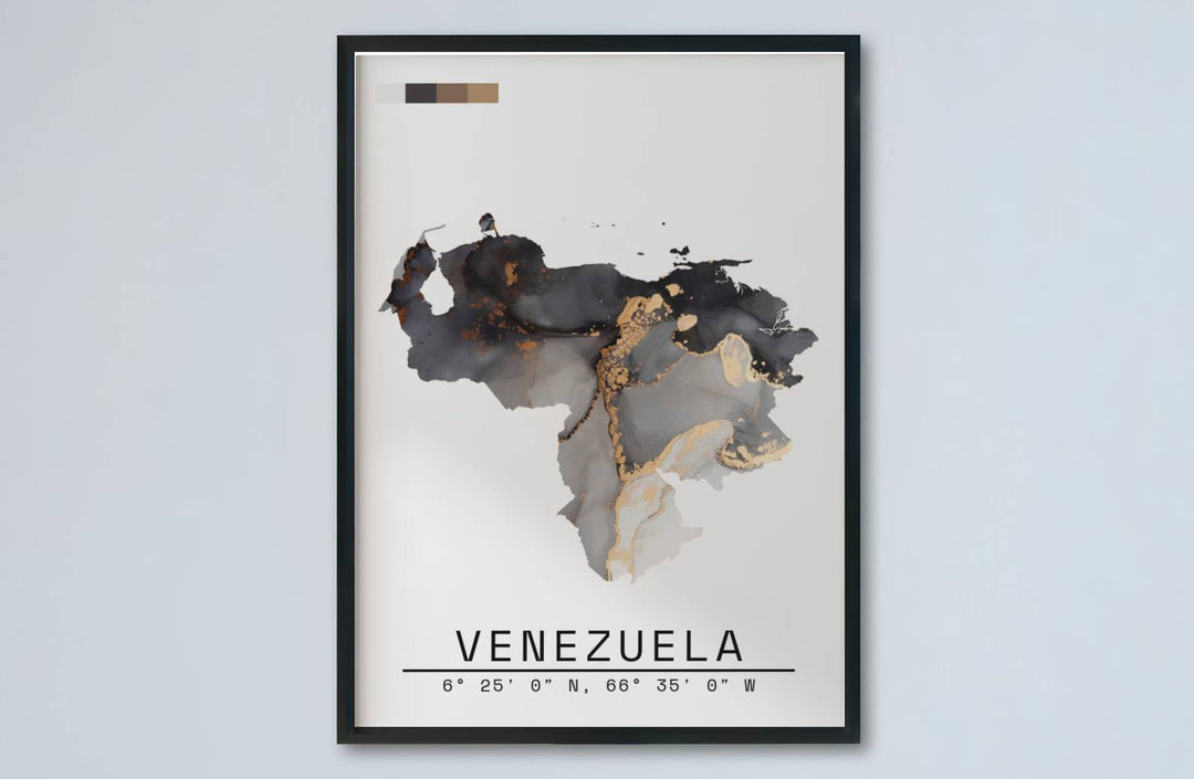 Fluid art country silhouette illustration depicting gilded gold streams and charcoal clouds inside Venezuela&