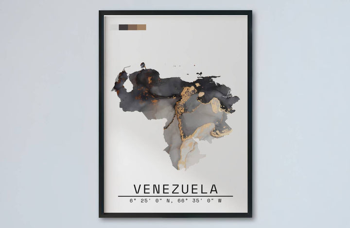 Fluid art country silhouette illustration depicting gilded gold streams and charcoal clouds inside Venezuela&