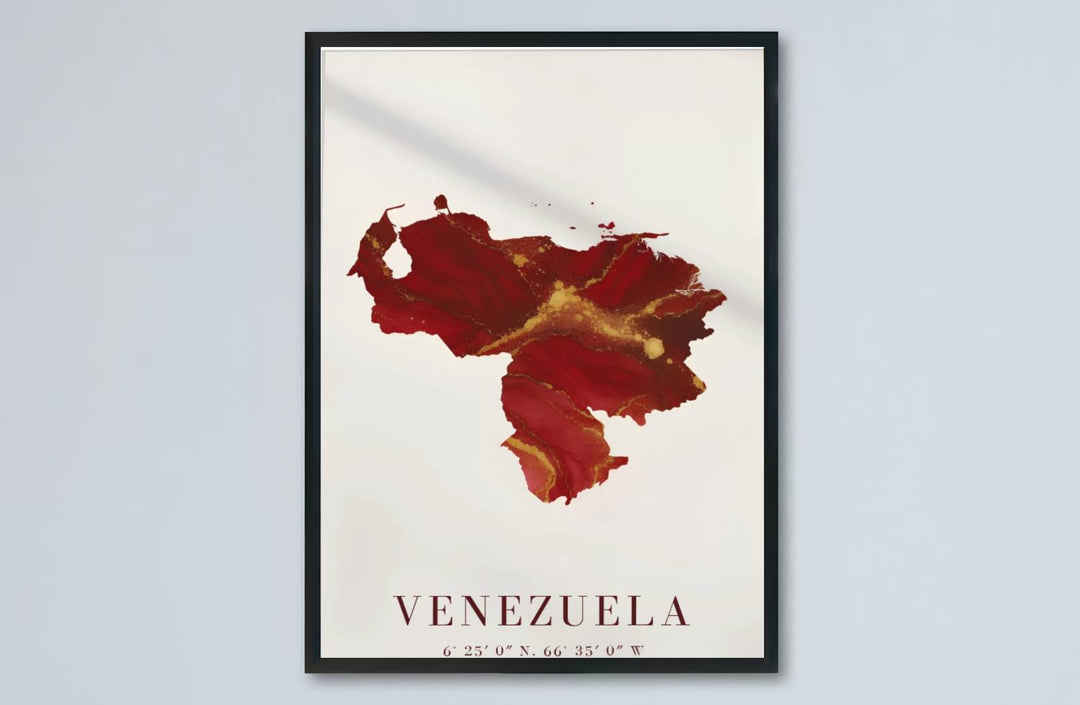 Abstract cartographic landscape print showing metallic gold marbling, deep crimson red ink, and official coordinates in Venezuela. Designed by MapYourDreams to suit modern interiors, this piece comes in versatile choices like unframed paper, solid wood frames, and gallery canvas formats.