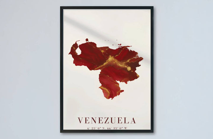 Abstract cartographic landscape print showing metallic gold marbling, deep crimson red ink, and official coordinates in Venezuela. Designed by MapYourDreams to suit modern interiors, this piece comes in versatile choices like unframed paper, solid wood frames, and gallery canvas formats.