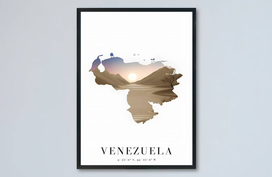 Architectural desert dune and country silhouette landscape print showing smooth sunset gradients and clean typography in Venezuela. Designed by MapYourDreams to suit modern interiors, this piece comes in versatile choices like unframed paper, solid wood frames, and gallery canvas formats.