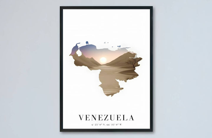 Architectural desert dune and country silhouette landscape print showing smooth sunset gradients and clean typography in Venezuela. Designed by MapYourDreams to suit modern interiors, this piece comes in versatile choices like unframed paper, solid wood frames, and gallery canvas formats.
