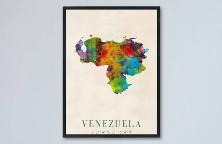 Artistic map illustration capturing the yellow, crimson red, cobalt blue, emerald green, and magenta tones of Venezuela. Made by MapYourDreams, this artistic composition can be purchased as an unframed print, elegantly mounted in wood frames, or produced on stretched canvas.