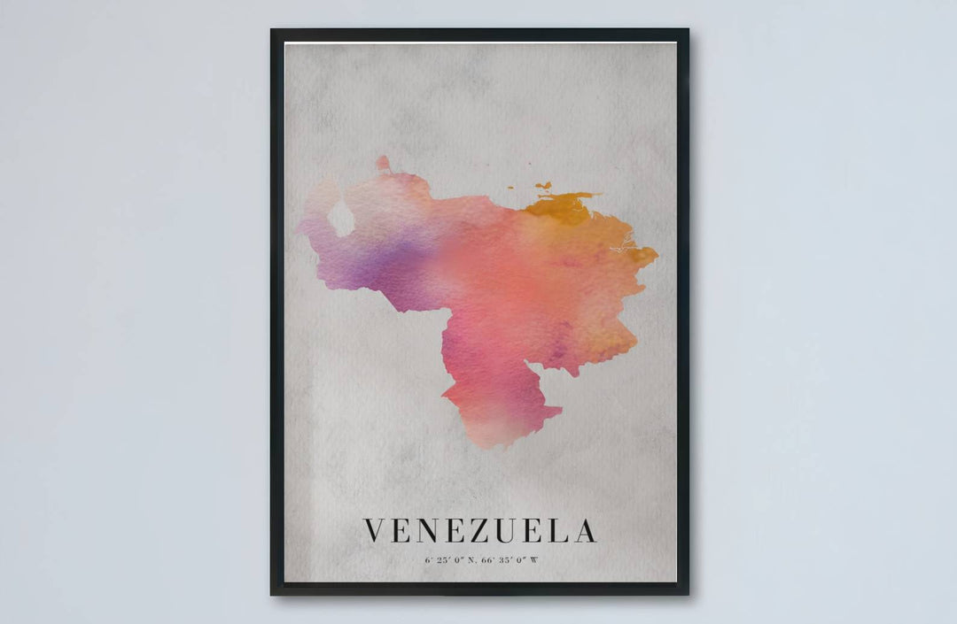 Artistic map illustration capturing the dusty rose, coral orange, lavender purple, and golden ochre tones of Venezuela. Made by MapYourDreams, this artistic composition can be purchased as an unframed print, elegantly mounted in wood frames, or produced on stretched canvas.