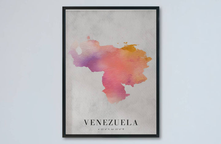 Artistic map illustration capturing the dusty rose, coral orange, lavender purple, and golden ochre tones of Venezuela. Made by MapYourDreams, this artistic composition can be purchased as an unframed print, elegantly mounted in wood frames, or produced on stretched canvas.