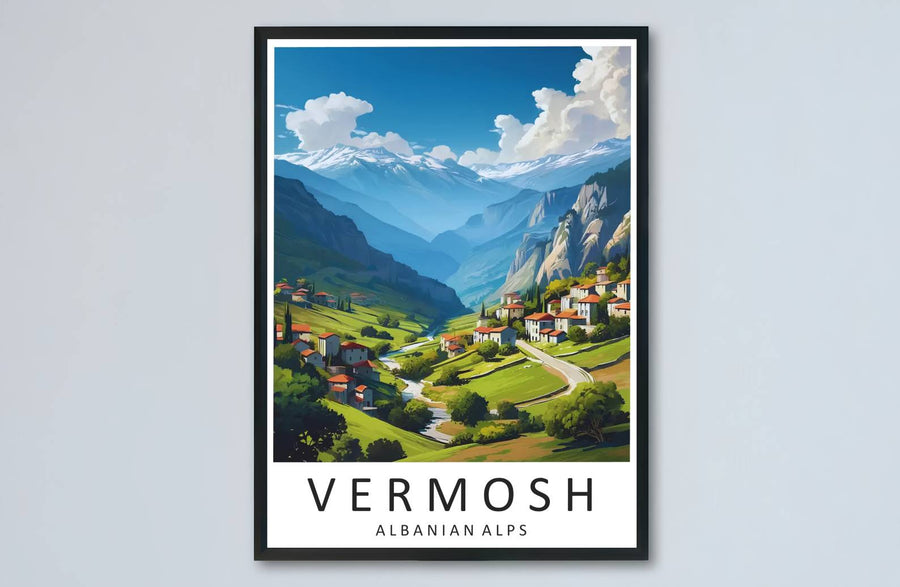 Sunlight highlights and snowy white pigments meet across the expansive mountain landscape of Vermosh in this balanced vector poster artwork. MapYourDreams makes this available in unframed paper, custom wooden frames, and stretched canvas options.