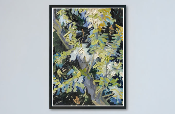 Historic floral oil painting print of Vincent van Gogh Blossoming Acacia Branches 1890 with textured brushwork painted in Auvers-sur-Oise France. Buy high-definition framed prints, unframed paper wall decor, and gallery canvas choices directly from MapYourDreams for home aesthetic setups.