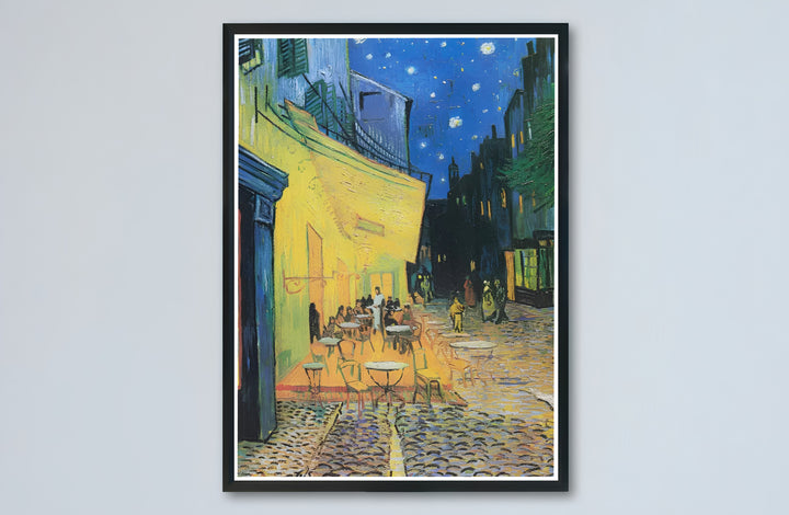Historic nocturnal oil painting print of Vincent van Gogh Cafe Terrace at Night 1888 with rich brushwork along Place du Forum in Arles France. Buy high-definition framed prints, unframed paper wall decor, and gallery canvas choices directly from MapYourDreams for home aesthetic setups.