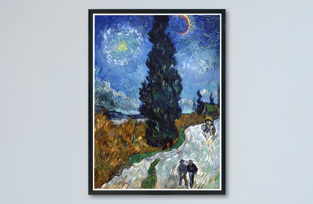 Historic countryside oil painting print of Vincent van Gogh Country Road in Provence by Night 1890 with textured brushwork in Saint-Rémy-de-Provence France. Buy high-definition framed prints, unframed paper wall decor, and gallery canvas choices directly from MapYourDreams for art setups.
