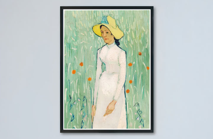 Historic French countryside portrait print of Vincent van Gogh Girl in White 1890 with soft mint green backgrounds in Auvers-sur-Oise France. Buy high-definition framed prints, unframed paper wall decor, and gallery canvas choices directly from MapYourDreams for art setups.