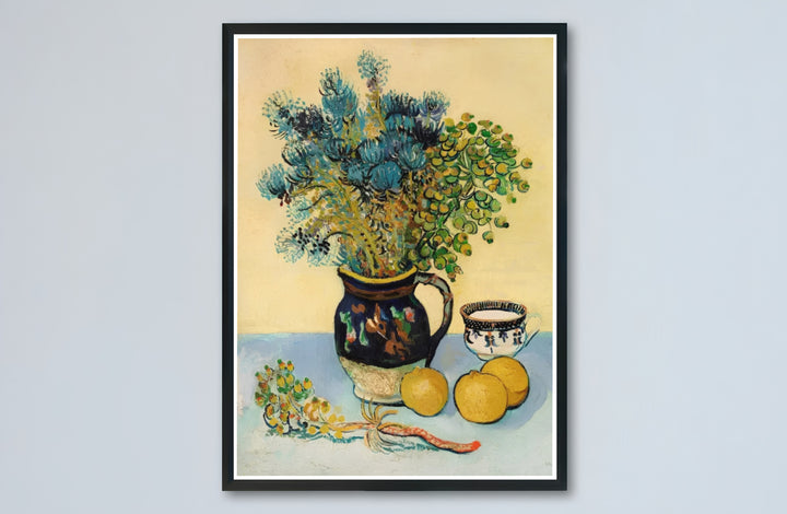 Historic French countryside still life print of Vincent van Gogh Majolica Jar Wildflowers 1888 with warm yellow backgrounds in Arles France. Buy high-definition framed prints, unframed paper wall decor, and gallery canvas choices directly from MapYourDreams for art setups.