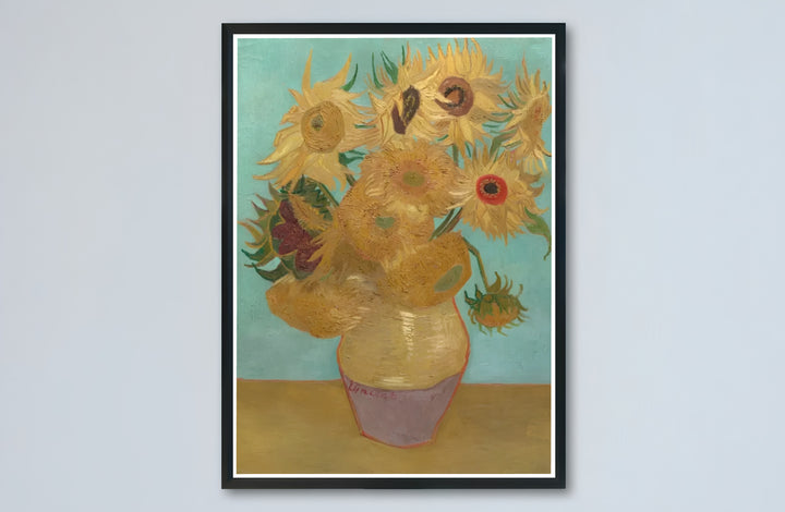 Historic French countryside still life print of Vincent van Gogh Sunflowers on Blue 1888 with blue backgrounds in Arles France. Buy high-definition framed prints, unframed paper wall decor, and gallery canvas choices directly from MapYourDreams for art setups.