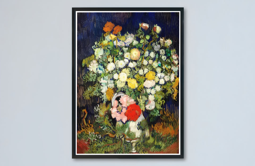 Historic French countryside still life print of Vincent van Gogh Vase With Flowers 1890 with dark backgrounds in Auvers-sur-Oise France. Buy high-definition framed prints, unframed paper wall decor, and gallery canvas choices directly from MapYourDreams for art setups.