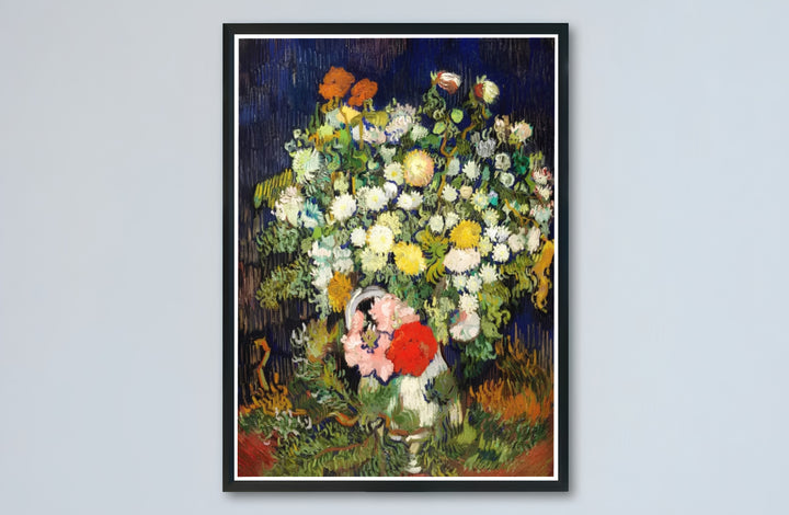 Historic French countryside still life print of Vincent van Gogh Vase With Flowers 1890 with dark backgrounds in Auvers-sur-Oise France. Buy high-definition framed prints, unframed paper wall decor, and gallery canvas choices directly from MapYourDreams for art setups.
