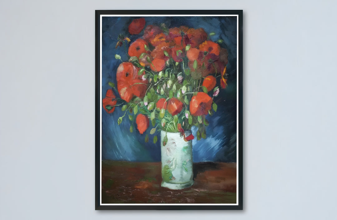 Historic French countryside flower print of Vincent van Gogh Vase With Red Poppies 1886 with dramatic blue backgrounds in Paris France. Buy high-definition framed prints, unframed paper wall decor, and gallery canvas choices directly from MapYourDreams for art setups.