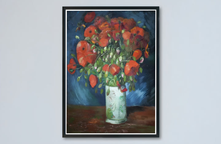 Historic French countryside flower print of Vincent van Gogh Vase With Red Poppies 1886 with dramatic blue backgrounds in Paris France. Buy high-definition framed prints, unframed paper wall decor, and gallery canvas choices directly from MapYourDreams for art setups.
