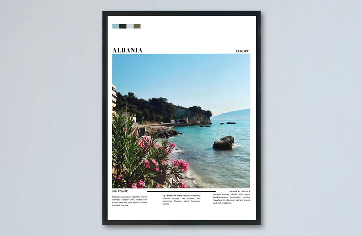 Sunlight highlights and vibrant pink floral pigments meet across the expansive coastal landscape of Vlorë in this balanced editorial poster artwork. MapYourDreams makes this available in unframed paper, custom wooden frames, and stretched canvas options.