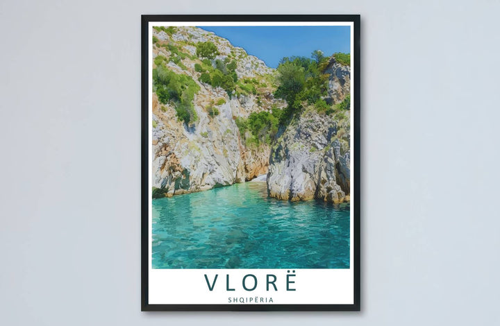 Sunlight highlights and turquoise pigments meet across the expansive coastal landscape of Gjipe Beach in this balanced vector poster artwork. MapYourDreams makes this available in unframed paper, custom wooden frames, and stretched canvas options.