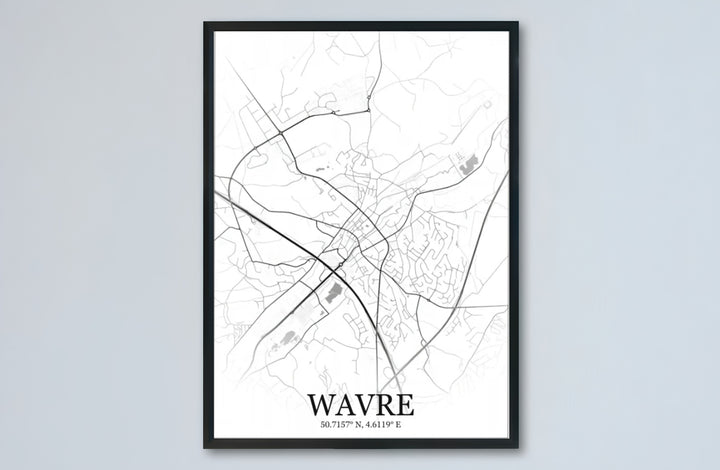 Sophisticated street grid poster of Wavre, Belgium, displaying spatial planning and clear centered typography at the base of the design. Offered by MapYourDreams, this artwork is available in flexible options including unframed paper, custom wooden frames, and gallery canvas wraps.