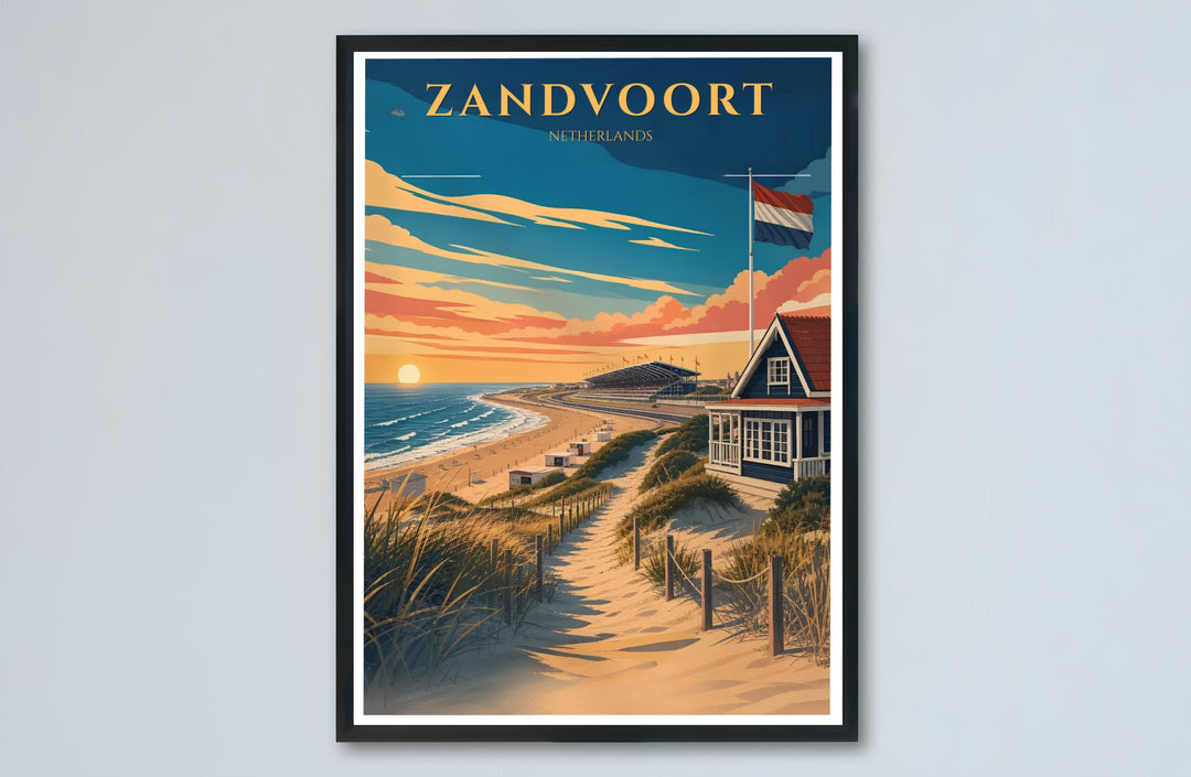 Zandvoort Netherlands poster capturing sunset hues over North Sea dunes and a classic blue beach pavilion with flag, offered by MapYourDreams with catalog selections for an unframed matte paper poster, a durable gallery wrapped canvas, or a custom frame for bedroom wall styling.