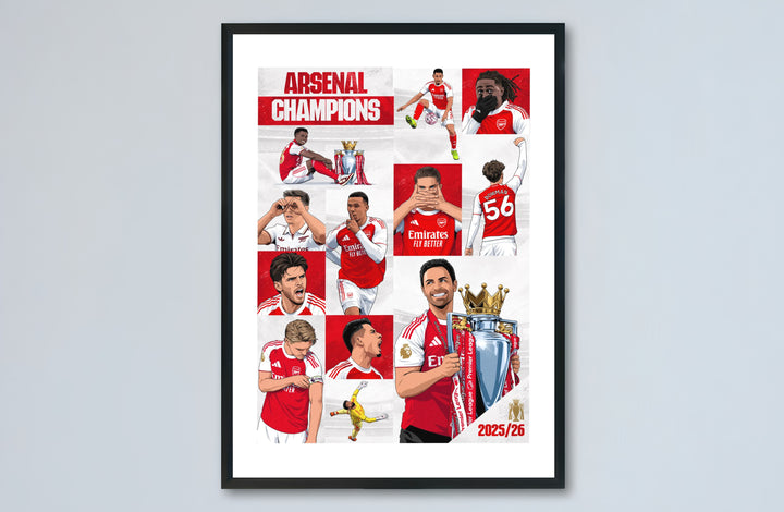 Artistic Arsenal FC 25/26 title victory celebration poster print set against Emirates Stadium backdrops, available as unframed prints, framed options, or canvas for home office decor.