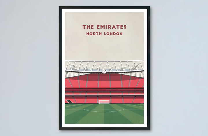 Fine art Emirates Stadium sports architectural decor poster capturing pitch and stand design elements, available as unframed prints, framed options, or canvas wall art for office setups.