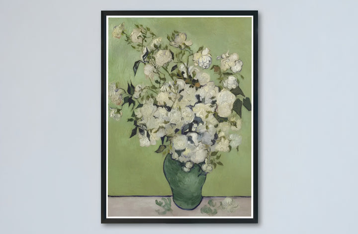 Historic French countryside still life print of Vincent van Gogh Roses 1890 with soft green backgrounds in Saint-Remy-de-Provence France. Buy high-definition framed prints, unframed paper wall decor, and gallery canvas choices directly from MapYourDreams for art setups.