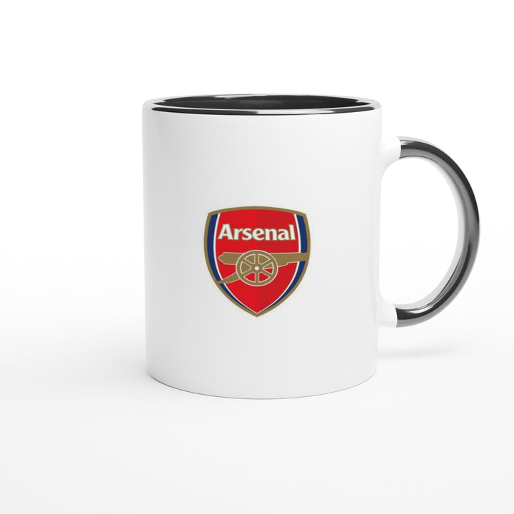 Unique black Gooner merchandise featuring a modern lifestyle mug design that combines the official shield emblem with an emotional terrace chant layout.