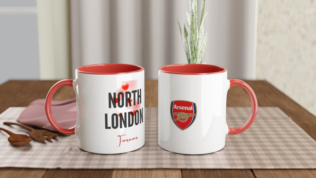 Premium white ceramic mug with red handle and rim from MapYourDreams, featuring a bold black and cursive red typography layout that reads North London Forever.