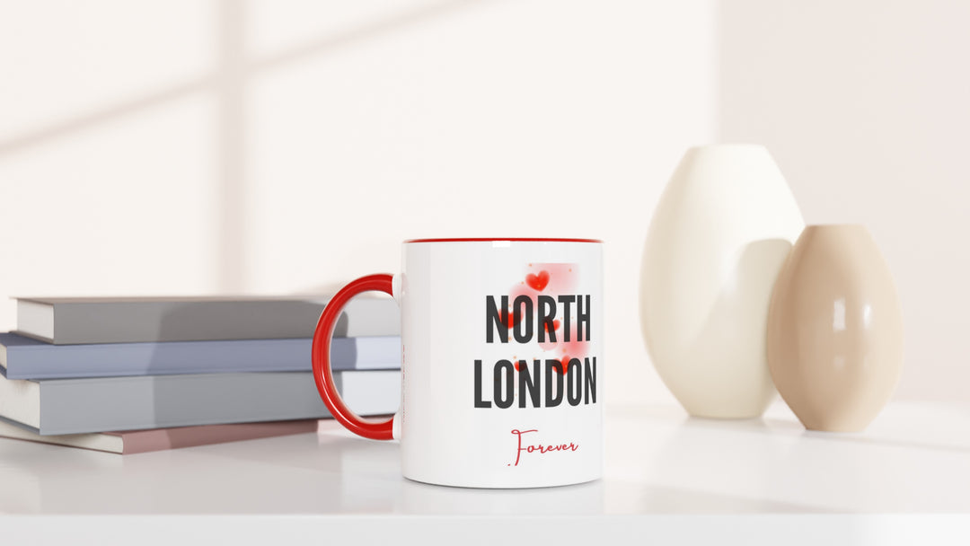 Unique Gooner gifts idea showing a lifestyle setup of a red-handled soccer anthem mug, ideal for passionate football supporters celebrating their club pride.