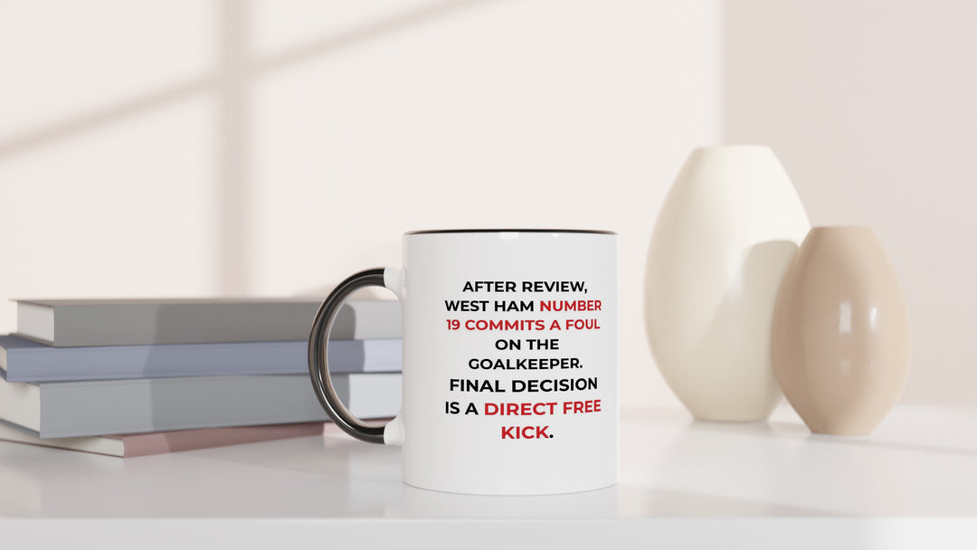 Funny Arsenal VAR Match Decision Coffee Mug | After Review West Ham No Goal Gift for Gooners | Red Rim &amp; Handle Ceramic Football Cup