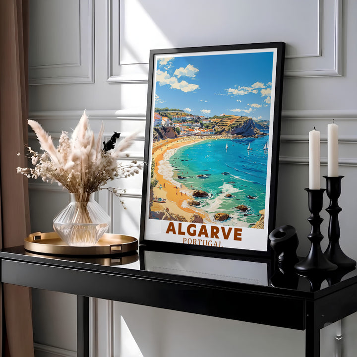 Terracotta rooftops overlook golden sandy shores at Lagos, Algarve, Portugal in this fine wall poster. MapYourDreams provides archival framed, unframed, and canvas print options perfect for living room decor.