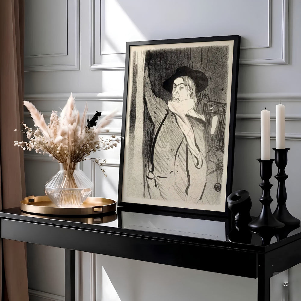 Henri de Toulouse-Lautrec Aristide Bruant 1893 print depicting the French cabaret singer posing in Montmartre Paris France. MapYourDreams provides custom framed, unframed paper, and stretched canvas options for wall decor.