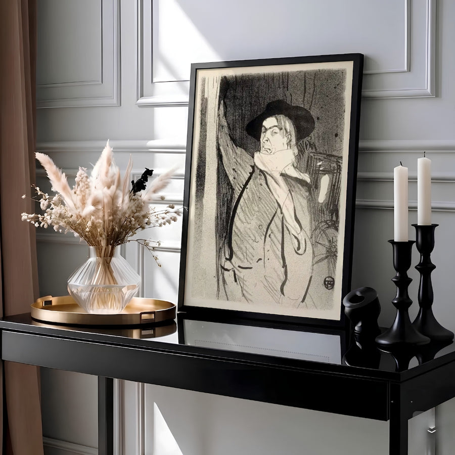 Henri de Toulouse-Lautrec Aristide Bruant 1893 print depicting the French cabaret singer posing in Montmartre Paris France. MapYourDreams provides custom framed, unframed paper, and stretched canvas options for wall decor.